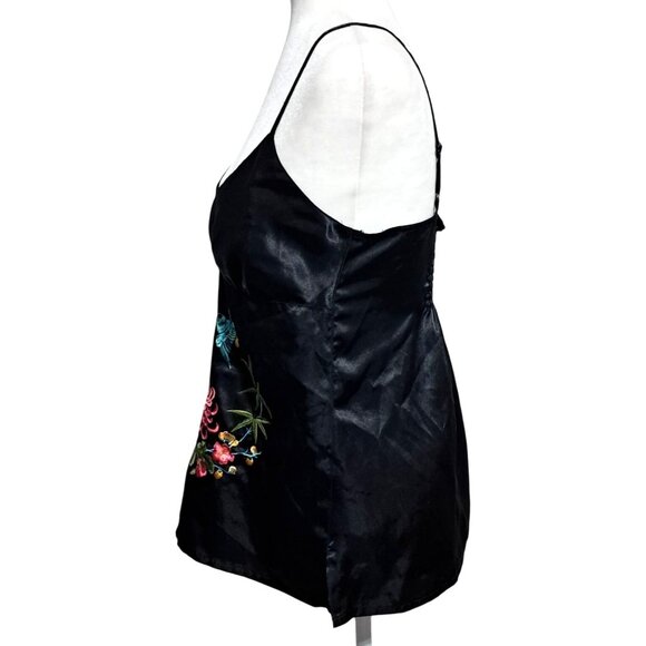 Y2K Divided Black Satin Embroidered Camisole Top With Floral & Bird Design Adjus - Picture 7 of 12